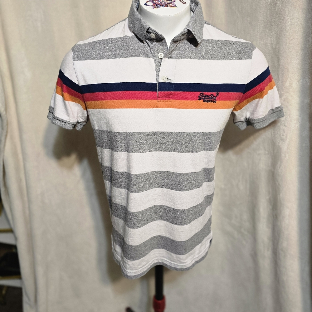 Superdry Men's Horizon Stripe Jersey Polo Shirt - Grey Grit Stripes Size Large